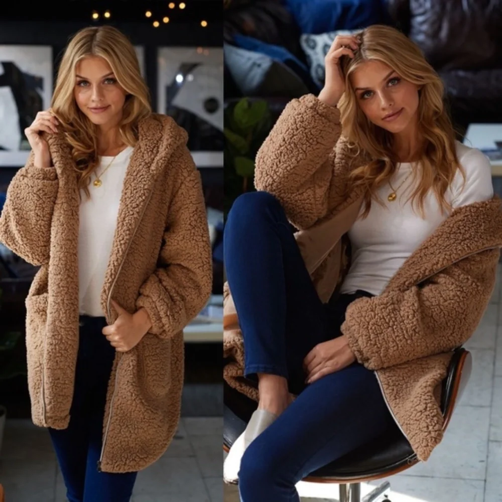Cozy Teddy Open Front Hoodie Jacket Coat - Picture 1 of 4